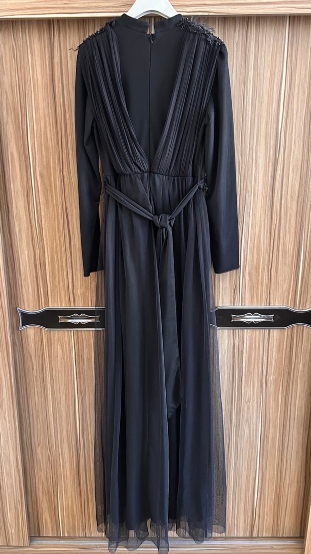 Siyah Uzun Drapeli Gotik Kadın Abiye Elbise - Görsel 4