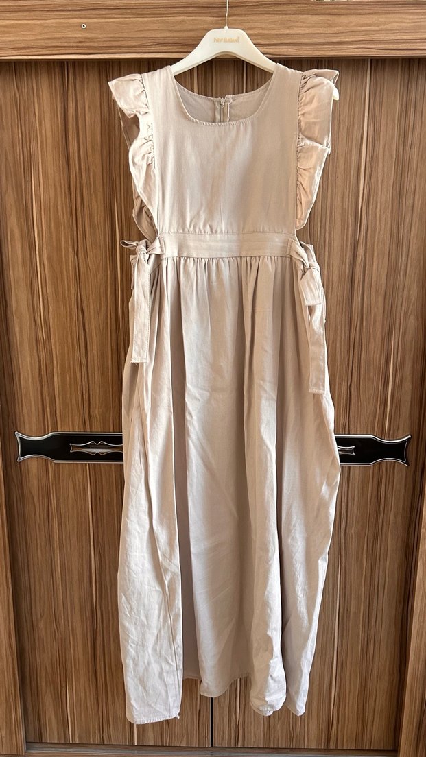 Bej Keten Fırfırlı Elbise - Görsel 3