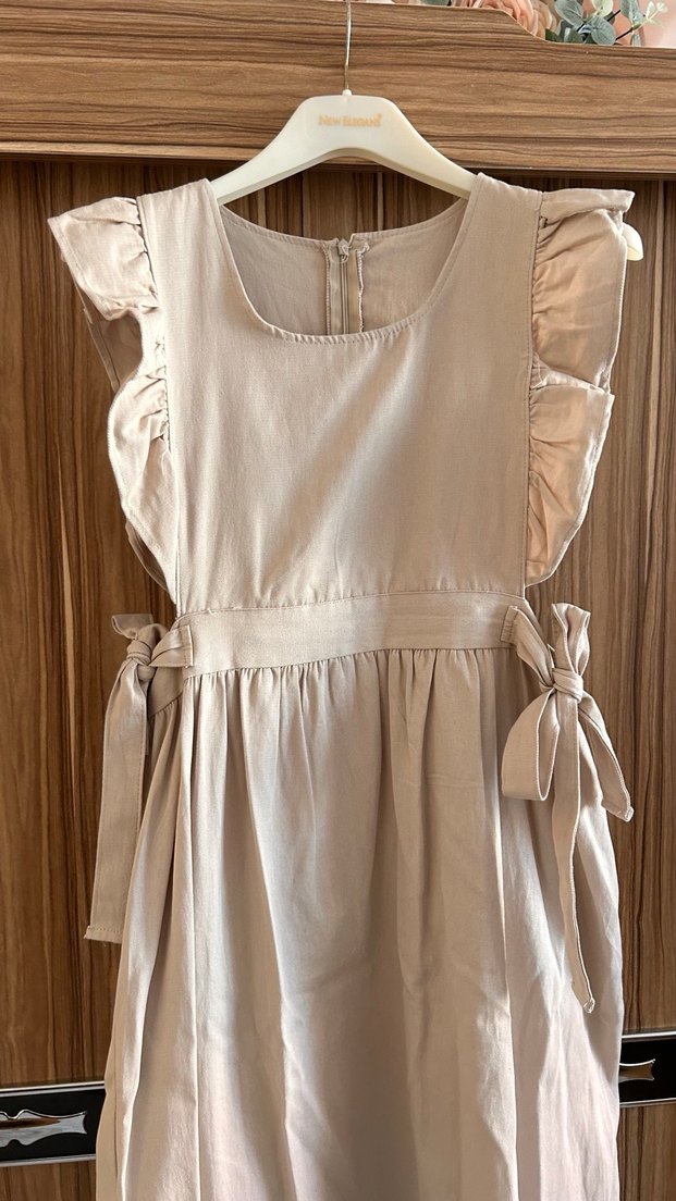 Bej Keten Fırfırlı Elbise - Görsel 2