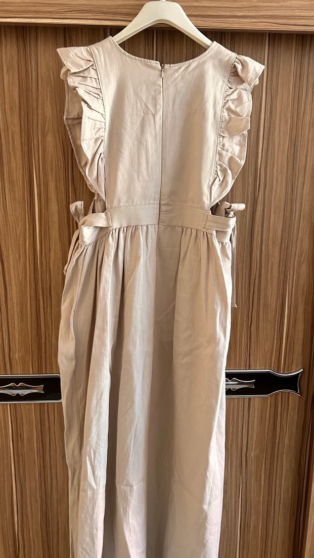 Bej Keten Fırfırlı Elbise - Görsel 4