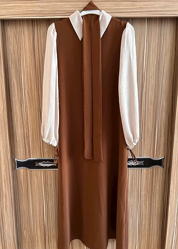 Bej Yakalı Uzun Kollu Kadın elbise - Görsel 2