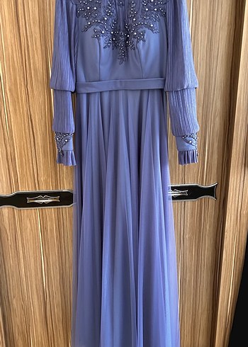 Uzun Kol İşlemeli indigo mavisi Abiye Elbise - Görsel 2