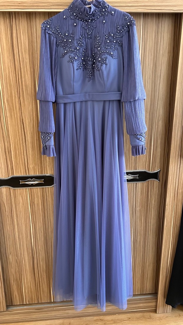 Uzun Kol İşlemeli indigo mavisi Abiye Elbise - Görsel 2