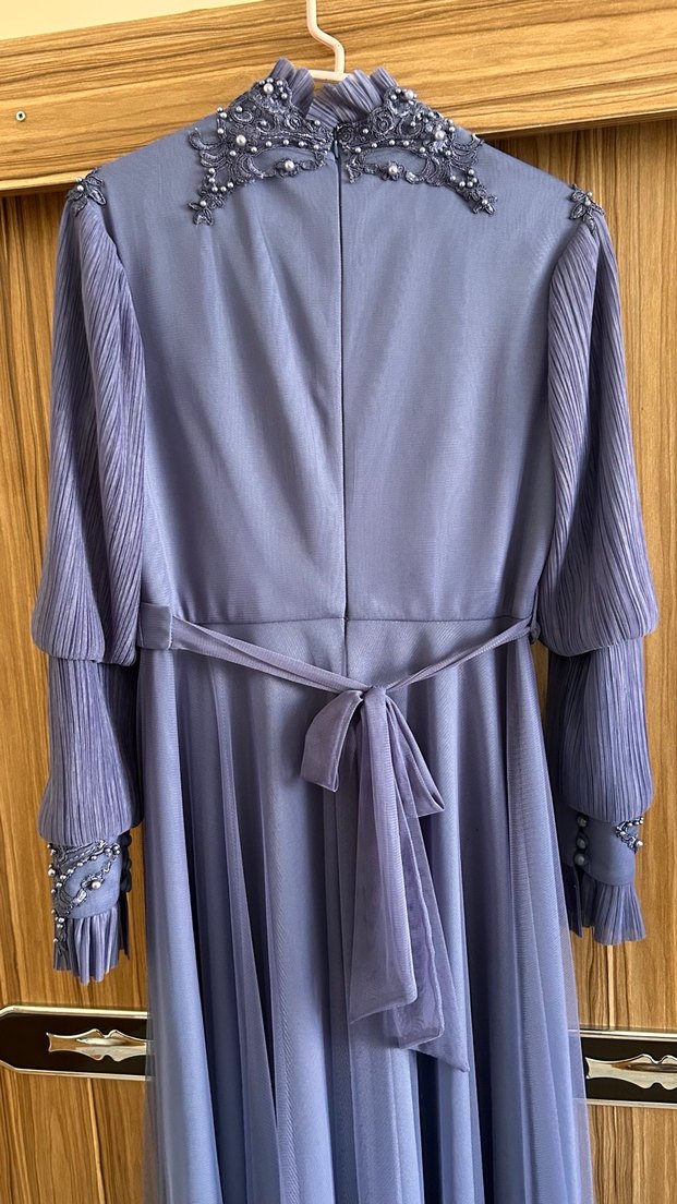 Uzun Kol İşlemeli indigo mavisi Abiye Elbise - Görsel 3