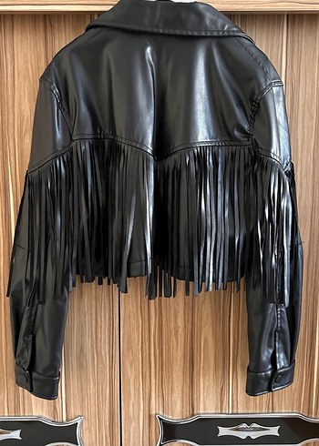 Püsküllü Siyah Deri Kadın Biker Ceket - Görsel 2