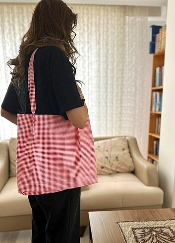 Kırmızı Beyaz Ekose Keten Kumaş El Yapımı Tote Çanta