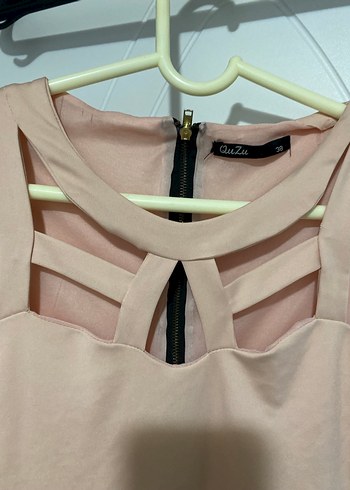 Pembe Midi Kolsuz V Yaka Elbise - Görsel 2