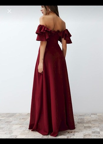 xl Beden Bordo Uzun Fırfırlı Abiye Elbise