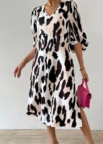 Kahverengi Zebra Desenli V Yaka Uzun Elbise - Görsel 3