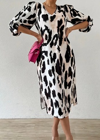 Kahverengi Zebra Desenli V Yaka Uzun Elbise - Görsel 2