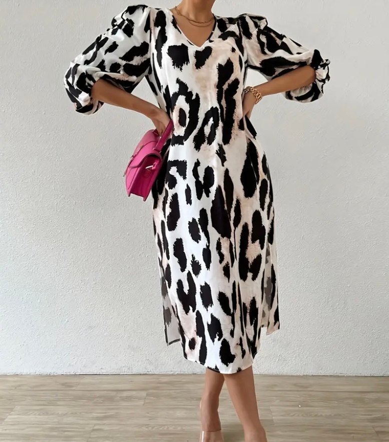 Kahverengi Zebra Desenli V Yaka Uzun Elbise - Görsel 2