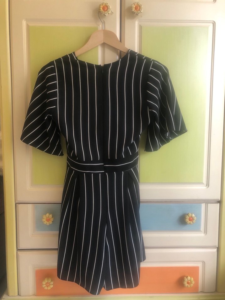 Siyah Çizgili Midi Kumaş Tulum - Görsel 2