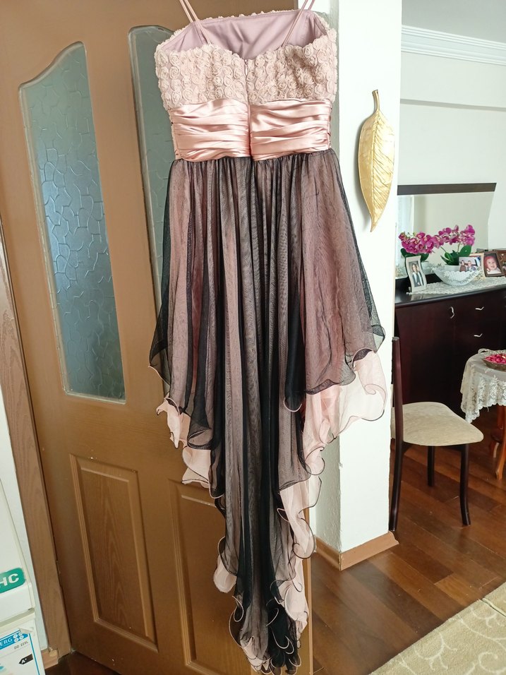 Fırfırlı Straplez Pembe Uzun Abiye Elbise - Görsel 2