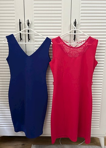 Mavi V Yakalı ve Fuşya arkası Dantelli Midi Elbise - Görsel 2