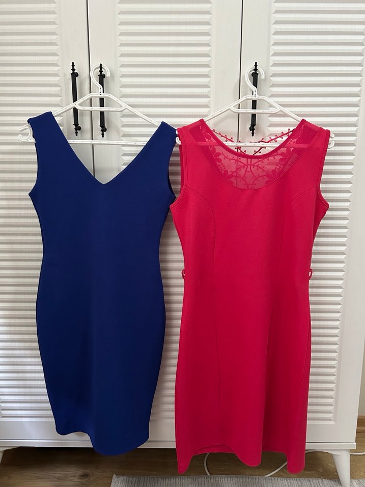 Mavi V Yakalı ve Fuşya arkası Dantelli Midi Elbise - Görsel 2