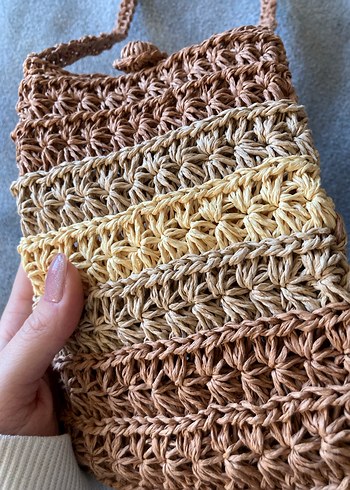 Bej Örgü Hasır Bohem Kadın Çapraz Çanta - Görsel 3