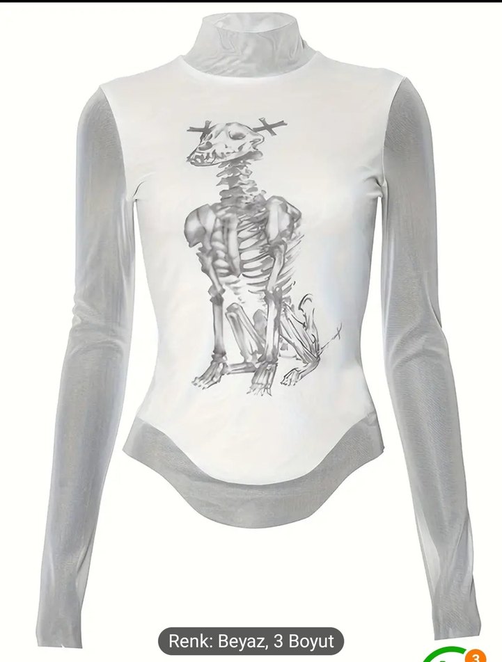 Beyaz Baskılı Gotik Yüksek Yakalı Kadın Üst - Görsel 3
