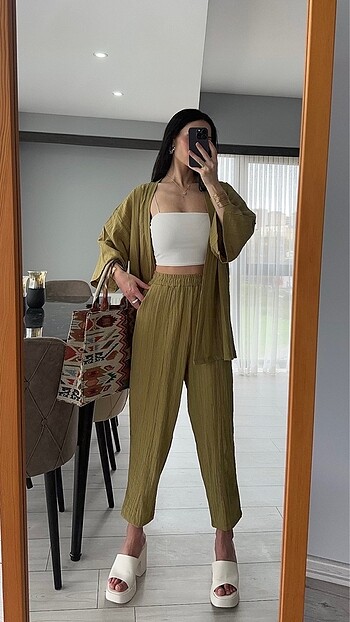 S M L uyumlu Standart beden KETEN TAKIM OVERSİZE kimono ve pant