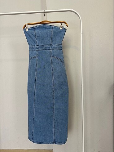 Zara Mavi Uzun straplez kot elbise s beden sıfır etiketli #zara #kot 