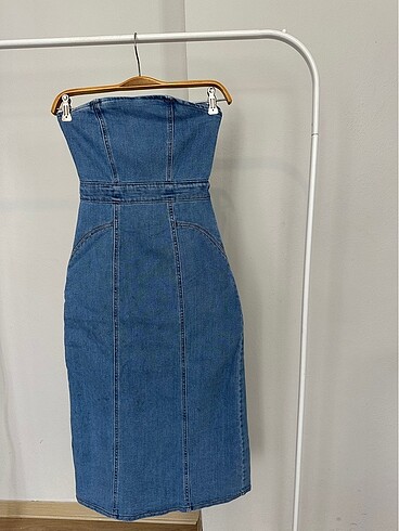 Zara Mavi Uzun straplez kot elbise s beden sıfır etiketli #zara #kot 