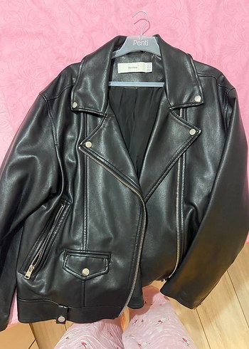 m Beden Siyah Mini Deri Biker Ceket