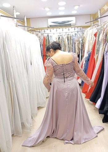 Uzun Kollu Mor Drapeli Abiye Elbise - Görsel 2