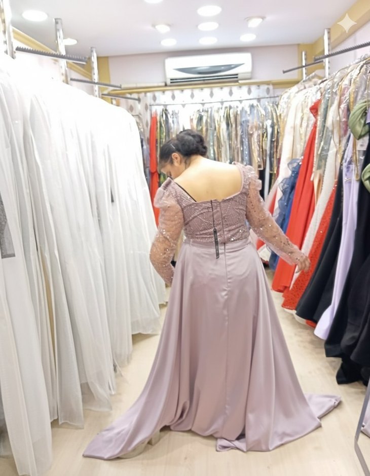 Uzun Kollu Mor Drapeli Abiye Elbise - Görsel 2