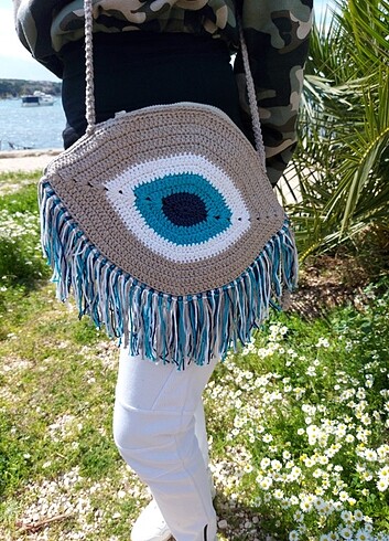 Tasarımcı MAKROME İP NAZAR BONCUĞU ASKILI VE CLUTCH ÇANTA
