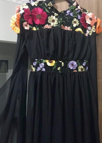 Uzun Siyah Çiçekli Bohem Elbise - Görsel 2