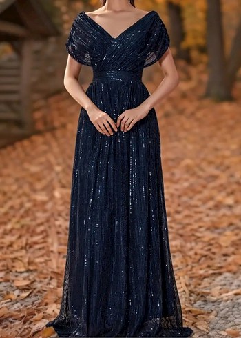 Lacivert Drapeli Uzun Abiye Elbise - Görsel 2