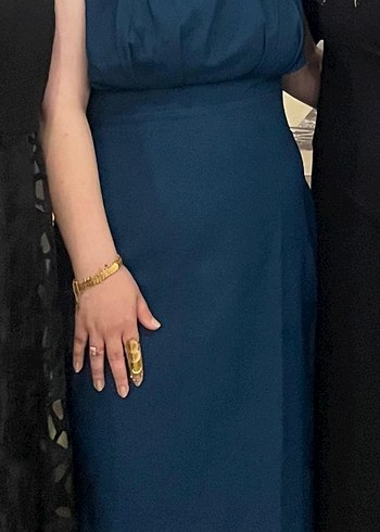 Lacivert Drapeli Yüksek Yakalı Kalem Elbise - Görsel 2