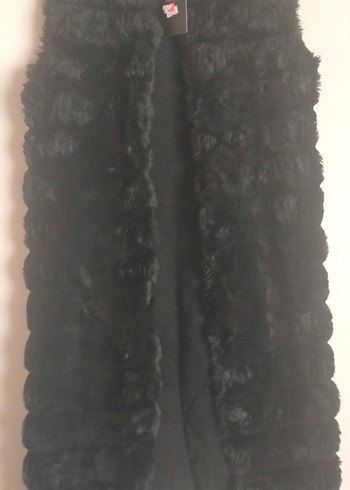 Kadın Siyah Uzun Kürklü Peluş yelek - Görsel 2