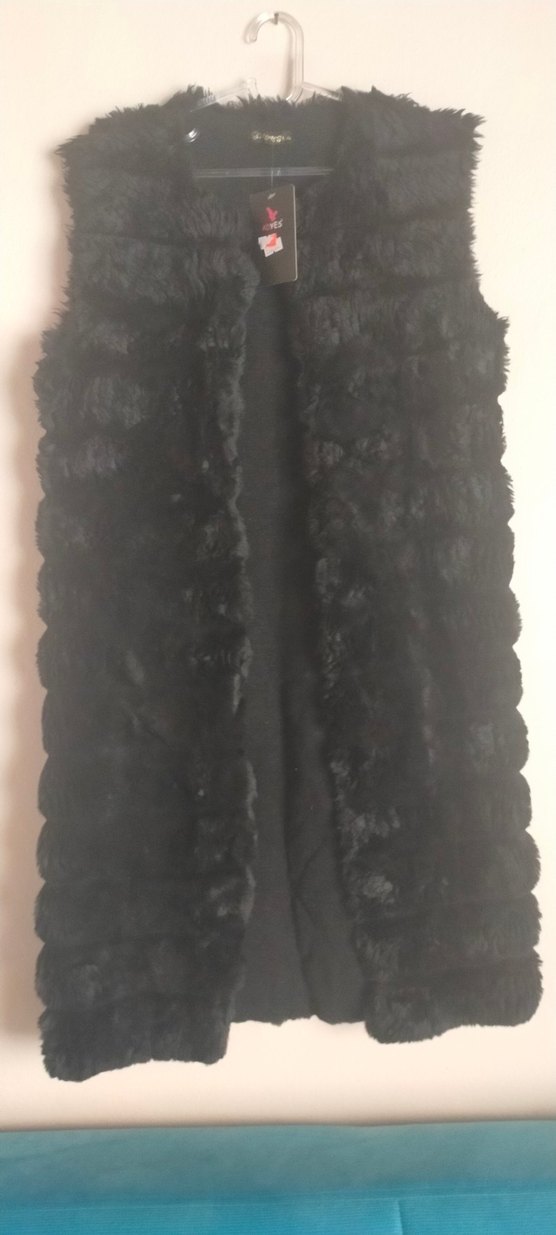 Kadın Siyah Uzun Kürklü Peluş yelek - Görsel 2
