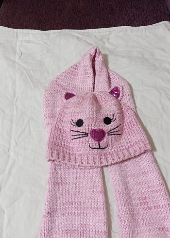 Penti marka Pembe Nakışlı Örgü Çocuk Bere ve Atkı Seti - Görsel 3