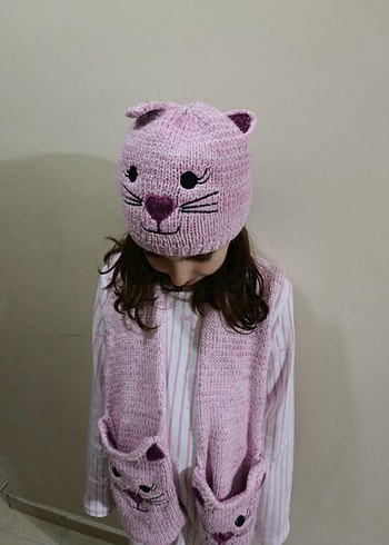 Penti marka Pembe Nakışlı Örgü Çocuk Bere ve Atkı Seti - Görsel 9