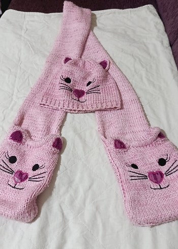 Penti marka Pembe Nakışlı Örgü Çocuk Bere ve Atkı Seti - Görsel 5