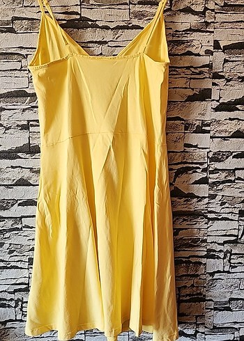 Sarı V Yaka Keten kısa Elbise - Görsel 5