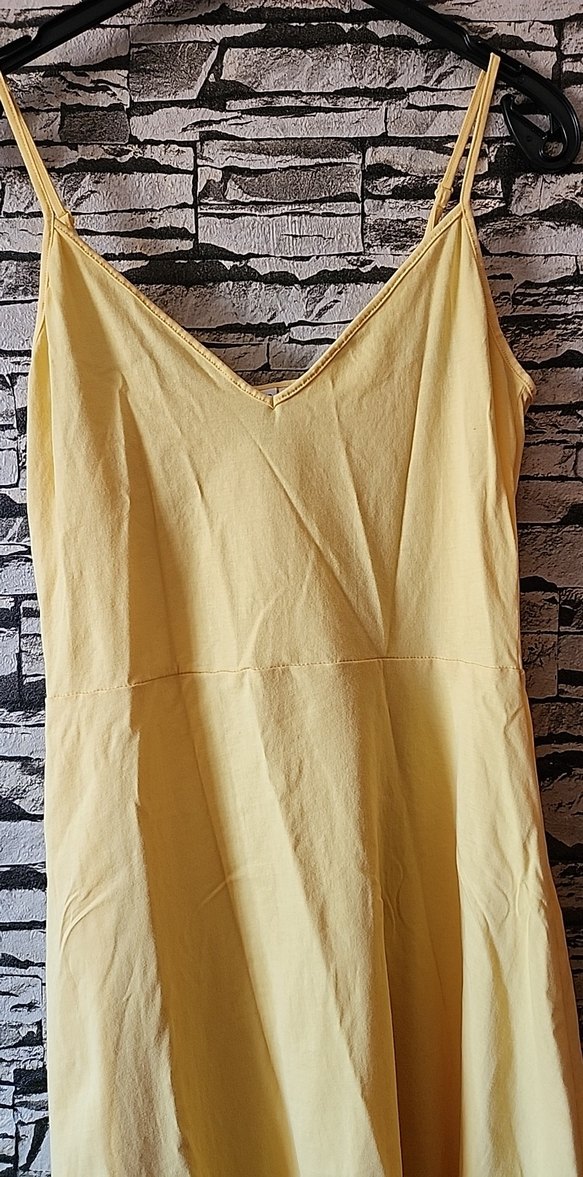 Sarı V Yaka Keten kısa Elbise - Görsel 2
