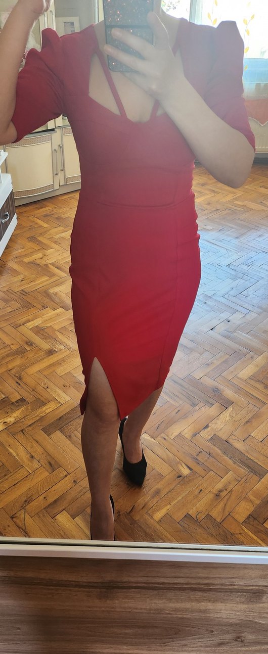 V Yaka Drapeli Kırmızı Midi Kalem Elbise - Görsel 2