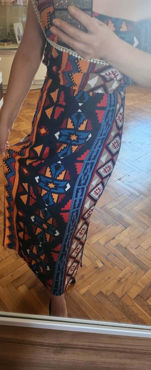 Bohem Çok Renkli Uzun Etnik Desenli Elbise - Görsel 3