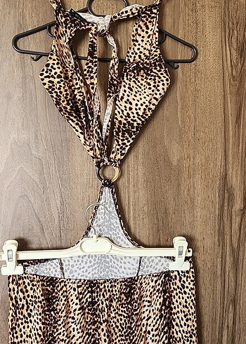 Kahverengi Yılan Desenli Uzun Bohem Elbise - Görsel 5