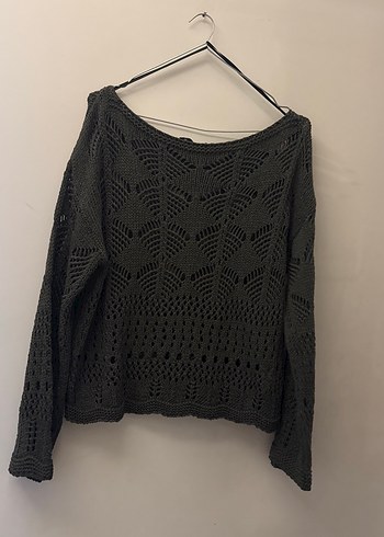 Gri Bohem Tarz Uzun Kollu Örgü Kadın Kazak - Görsel 2