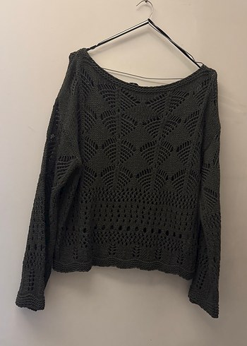 Gri Bohem Tarz Uzun Kollu Örgü Kadın Kazak - Görsel 3