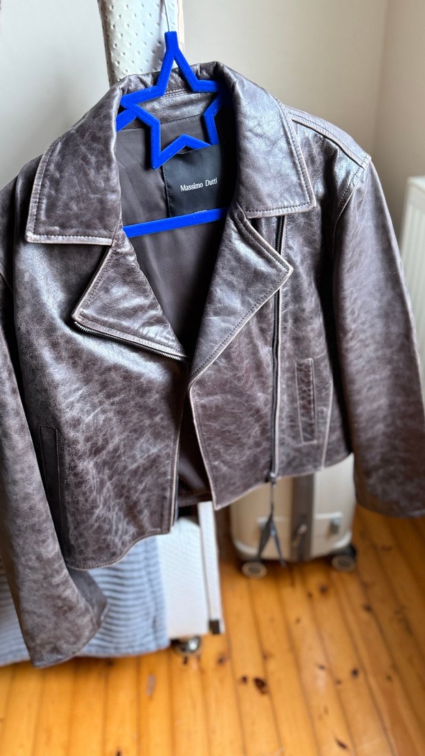 Massimo Dutti Kahverengi Deri Biker Ceket - Görsel 4