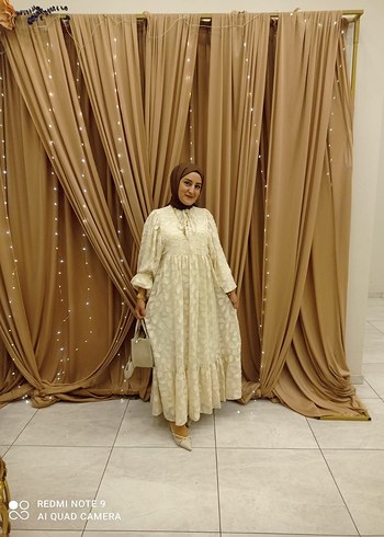 Diger Bej Nakışlı Uzun Keten Elbise - Görsel 7