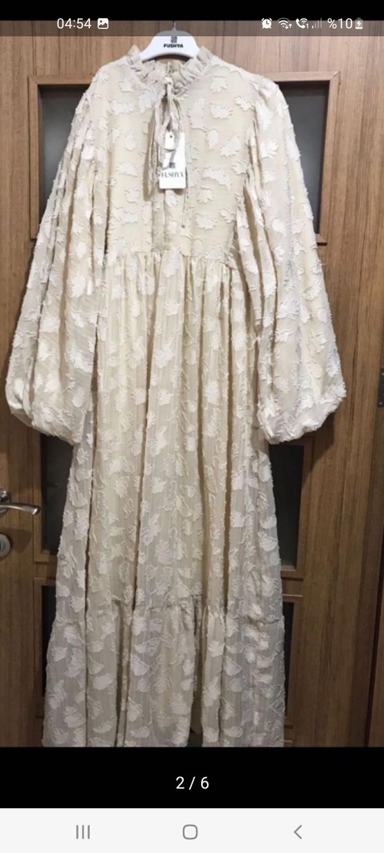 Diger Bej Nakışlı Uzun Keten Elbise - Görsel 2