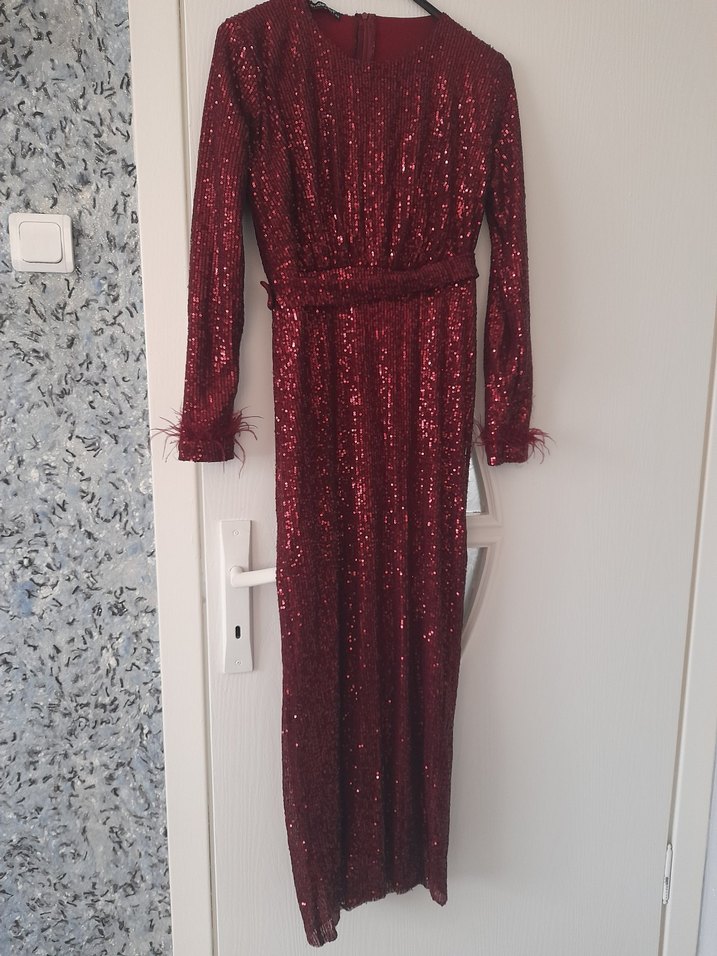 Bordo Uzun Kollu Parlak Abiye Elbise - Görsel 3