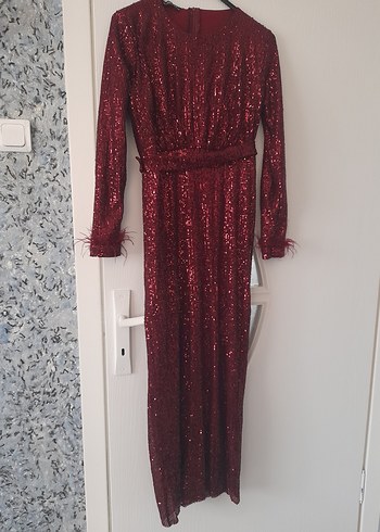 Bordo Parlak Uzun Abiye Elbise - Görsel 6