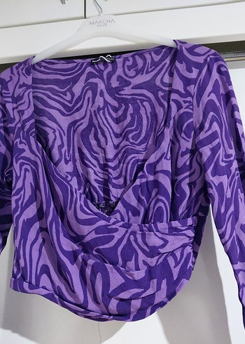 Bershka Mor Uzun Kollu Bağlama Desenli Drapeli Bluz
