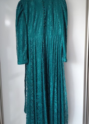 Uzun Turkuaz Pileli Kadın Elbise - Görsel 2